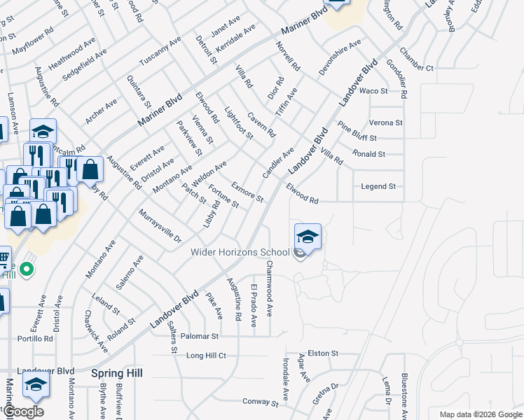 map of restaurants, bars, coffee shops, grocery stores, and more near 4193 Landover Boulevard in Spring Hill