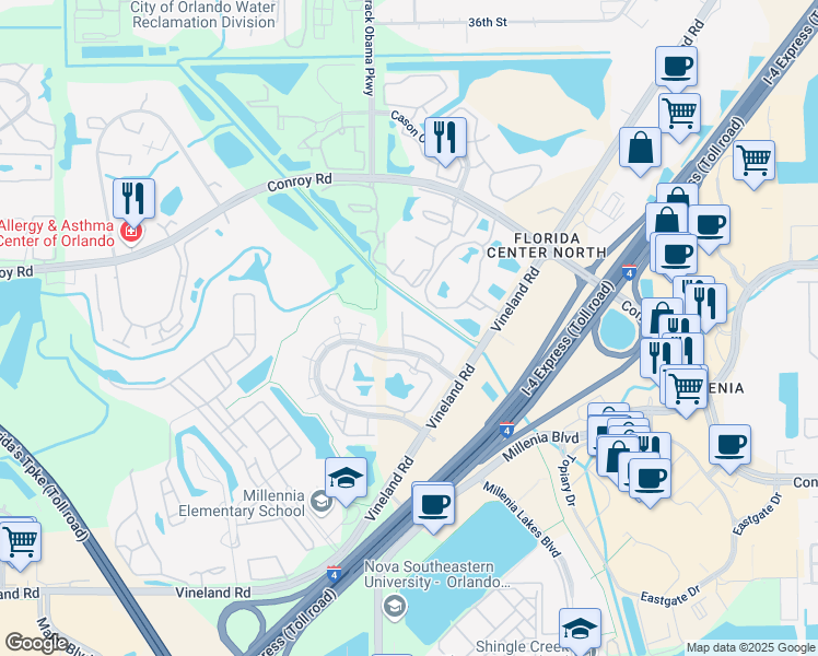 map of restaurants, bars, coffee shops, grocery stores, and more near 4719 Walden Circle in Orlando
