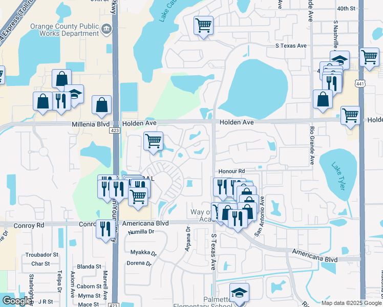 map of restaurants, bars, coffee shops, grocery stores, and more near 2226 Metropolitan Way in Orlando
