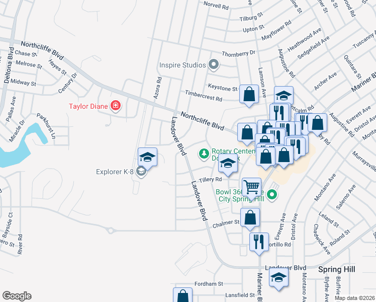 map of restaurants, bars, coffee shops, grocery stores, and more near 2679 Landover Boulevard in Spring Hill