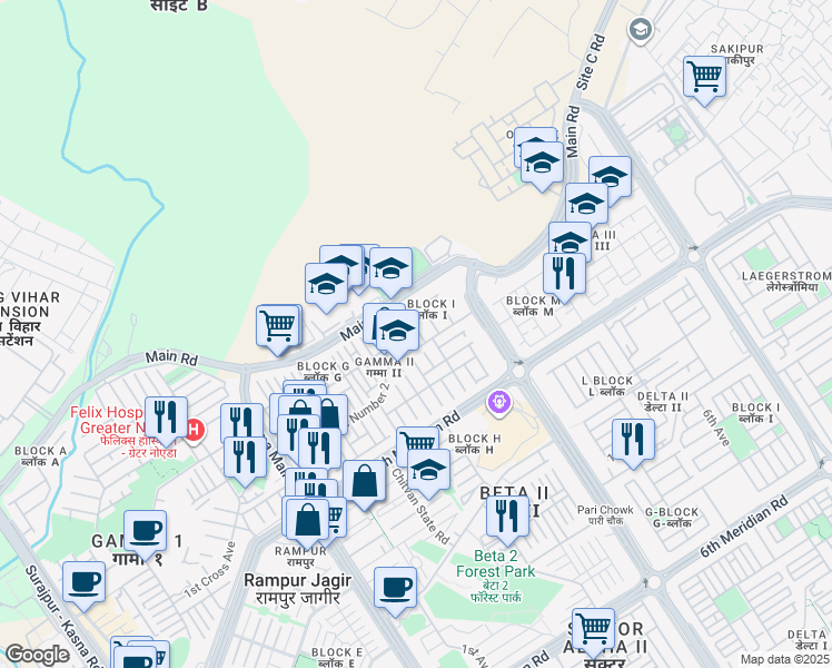 map of restaurants, bars, coffee shops, grocery stores, and more near I-29 2nd Street in Greater Noida
