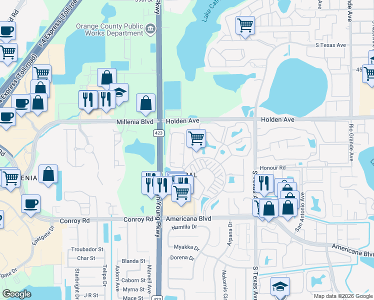 map of restaurants, bars, coffee shops, grocery stores, and more near 5144 City Street in Orlando