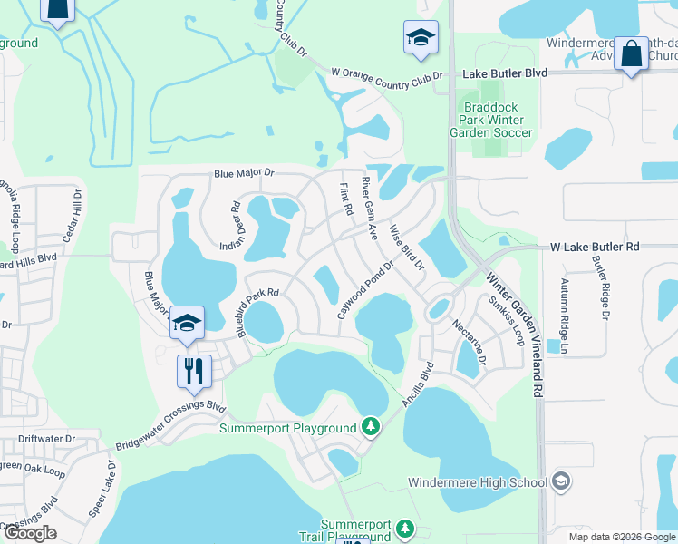 map of restaurants, bars, coffee shops, grocery stores, and more near 5024 Blue Major Drive in Windermere
