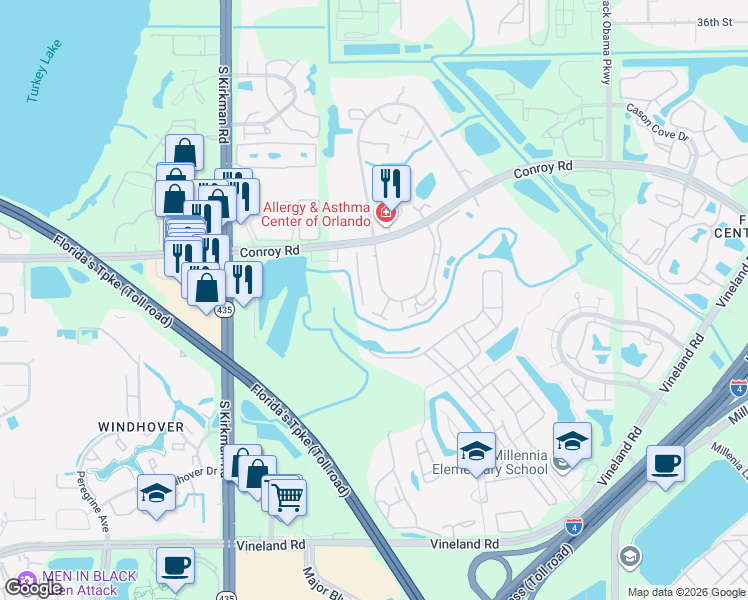 map of restaurants, bars, coffee shops, grocery stores, and more near 5313 Indian Creek Drive in Orlando