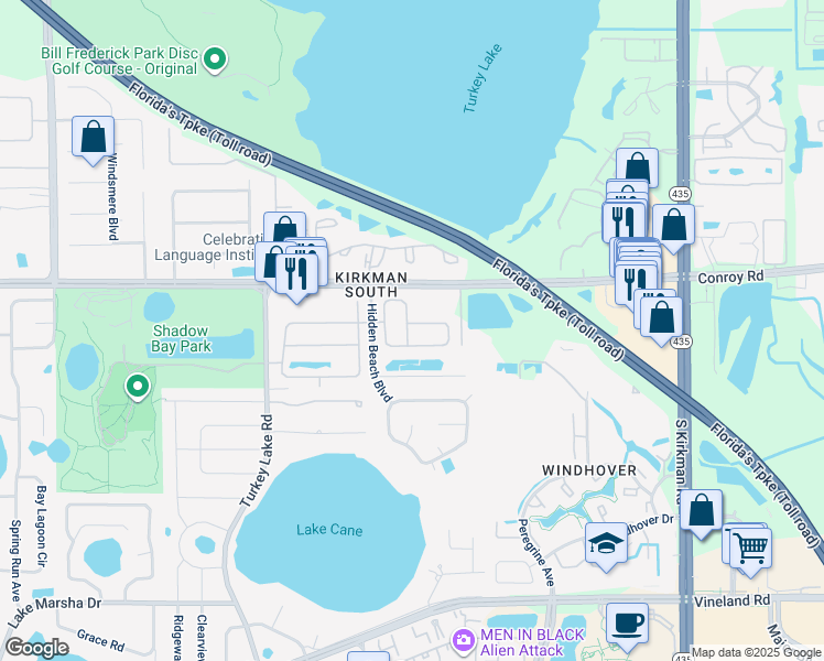 map of restaurants, bars, coffee shops, grocery stores, and more near 6390 Huntsville Street in Orlando