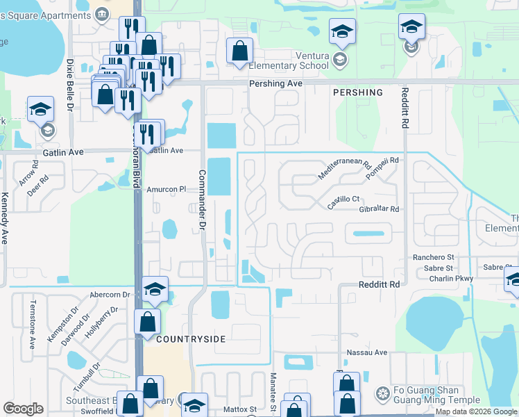 map of restaurants, bars, coffee shops, grocery stores, and more near 2868 Campfire Lane in Orlando
