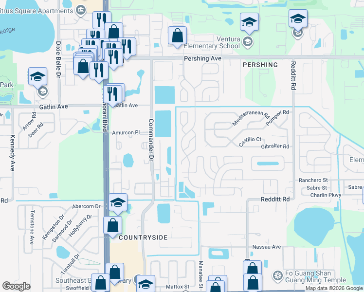 map of restaurants, bars, coffee shops, grocery stores, and more near 2868 Campfire Lane in Orlando