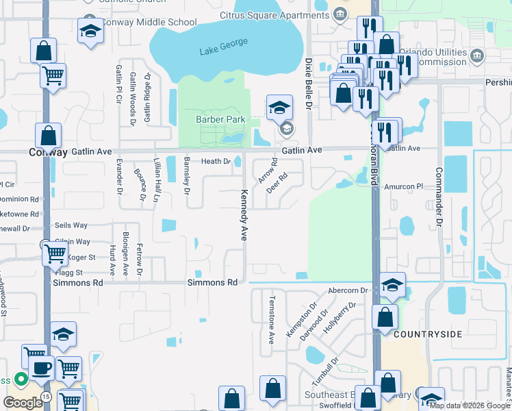 map of restaurants, bars, coffee shops, grocery stores, and more near 4772 Arrow Road in Orlando