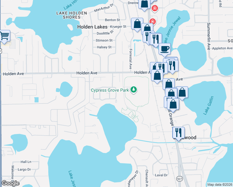 map of restaurants, bars, coffee shops, grocery stores, and more near 4680 Posada Drive in Orlando