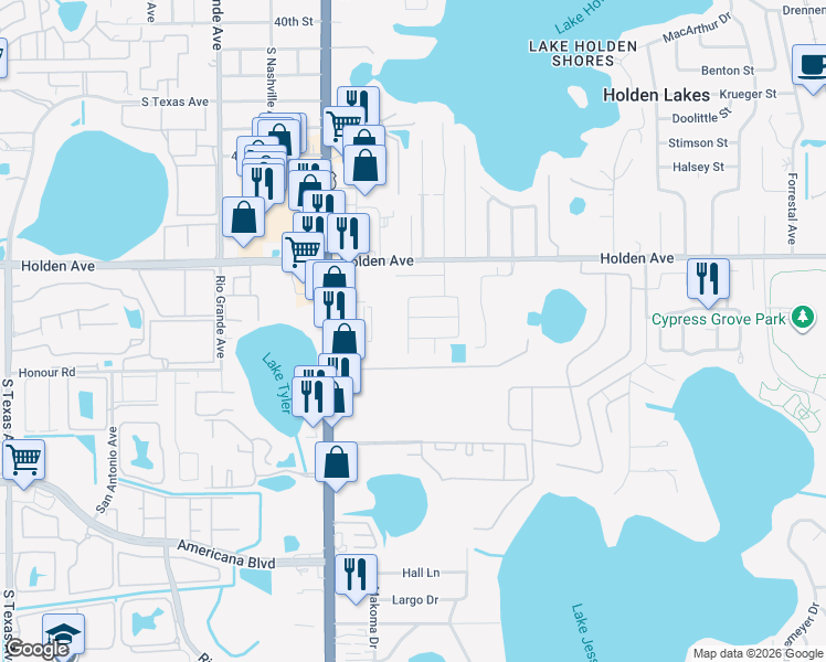 map of restaurants, bars, coffee shops, grocery stores, and more near 1146 Center Grove Street in Orlando