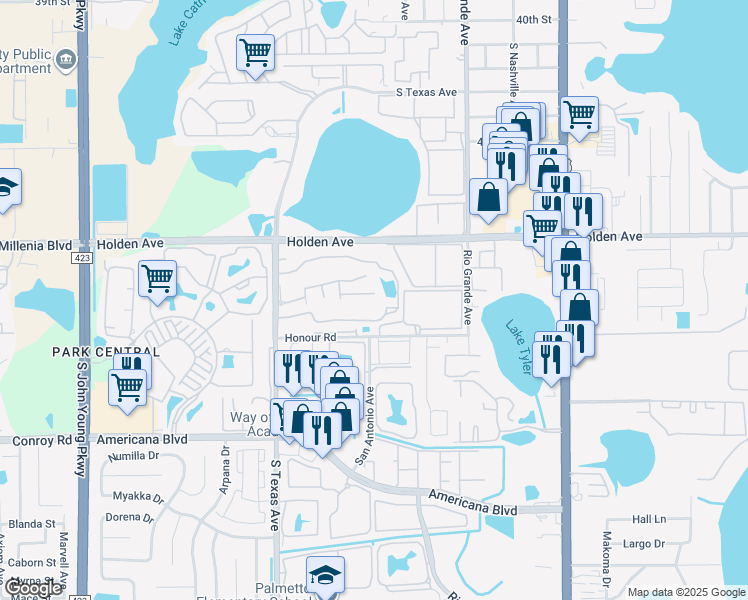 map of restaurants, bars, coffee shops, grocery stores, and more near 4767 South Texas Avenue in Orlando