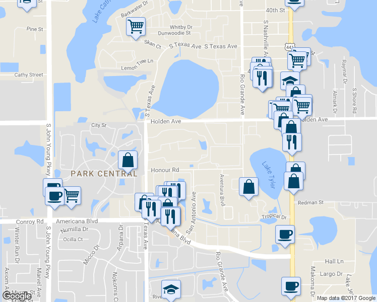 map of restaurants, bars, coffee shops, grocery stores, and more near 4767 South Texas Avenue in Orlando