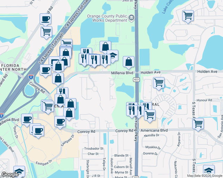 map of restaurants, bars, coffee shops, grocery stores, and more near 4894 Luge Lane in Orlando
