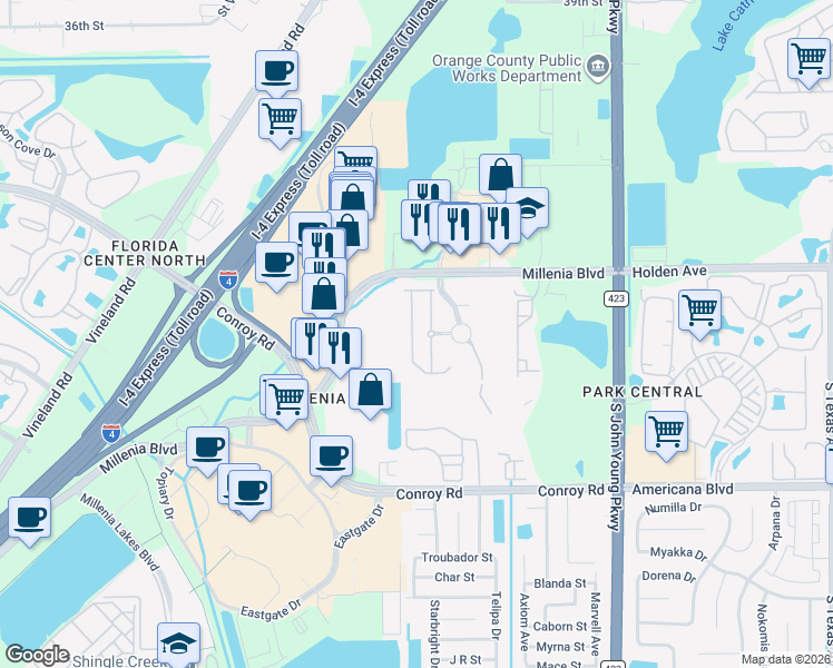 map of restaurants, bars, coffee shops, grocery stores, and more near 4855 Fiorazante Avenue in Orlando