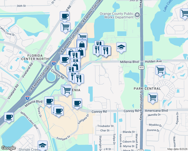 map of restaurants, bars, coffee shops, grocery stores, and more near 4858 Matteo Trail in Orlando