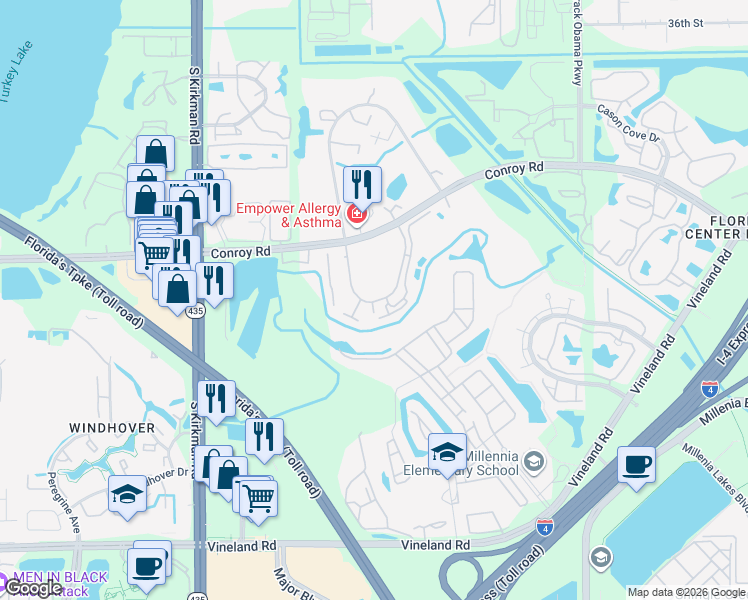 map of restaurants, bars, coffee shops, grocery stores, and more near 4897 Cypress Woods Drive in Orlando