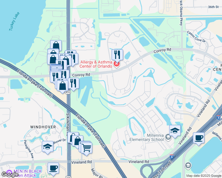 map of restaurants, bars, coffee shops, grocery stores, and more near 5313 Indian Creek Drive in Orlando