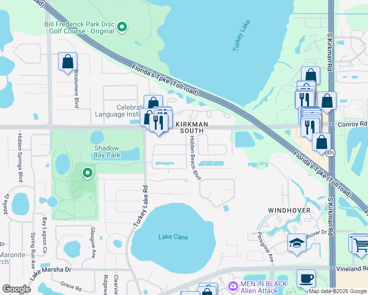 map of restaurants, bars, coffee shops, grocery stores, and more near 6623 Winder Oaks Boulevard in Orlando