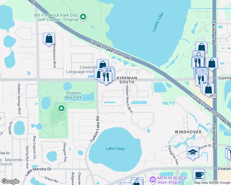 map of restaurants, bars, coffee shops, grocery stores, and more near 6623 Winder Oaks Boulevard in Orlando