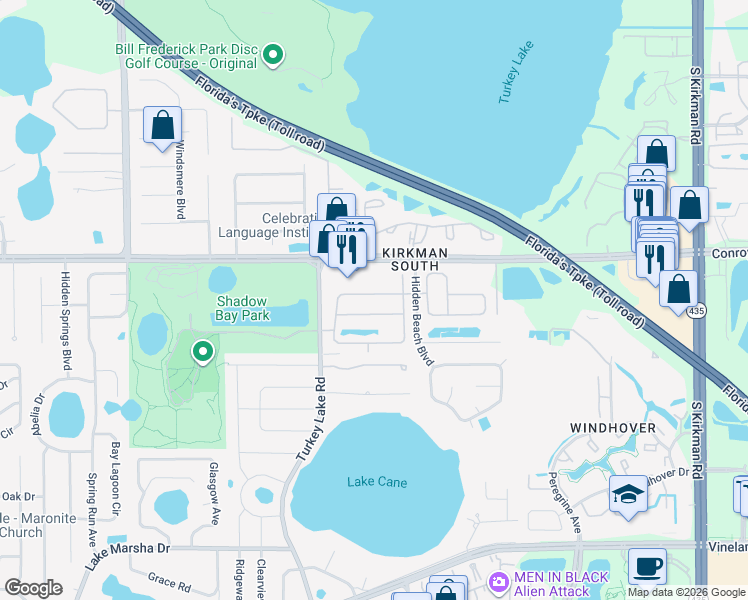 map of restaurants, bars, coffee shops, grocery stores, and more near 6623 Winder Oaks Boulevard in Orlando