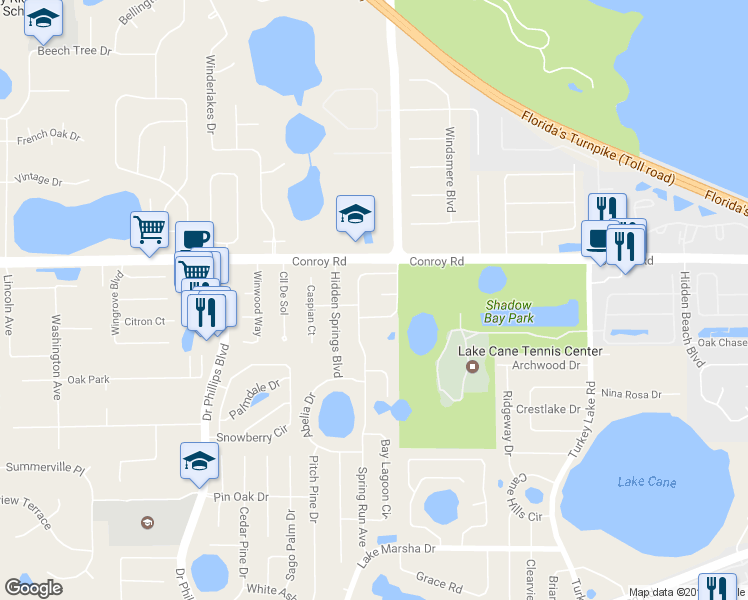 map of restaurants, bars, coffee shops, grocery stores, and more near 7525 Quail Run Court in Orlando