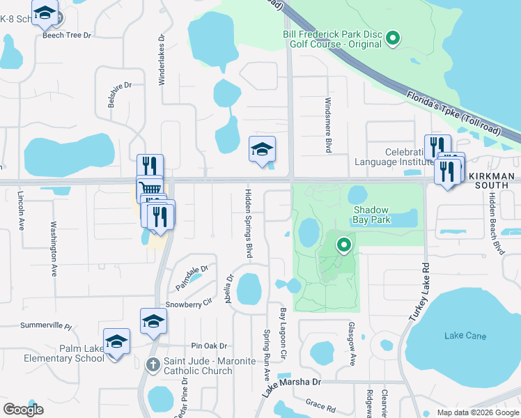 map of restaurants, bars, coffee shops, grocery stores, and more near 4941 Hidden Springs Boulevard in Orlando