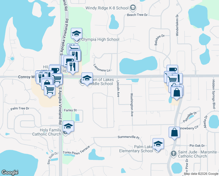 map of restaurants, bars, coffee shops, grocery stores, and more near 4716 Lincoln Avenue in Orlando