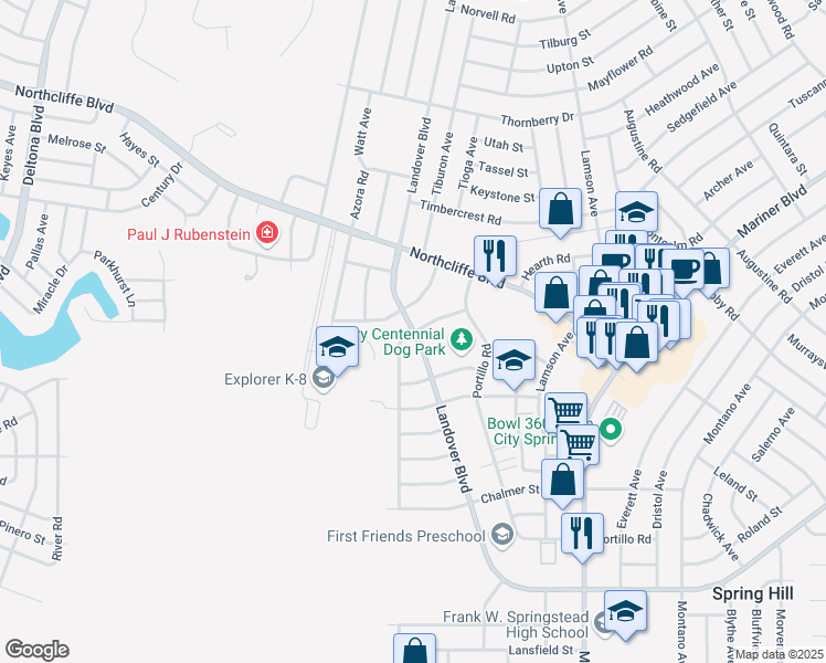 map of restaurants, bars, coffee shops, grocery stores, and more near 4205 Jason Road in Spring Hill