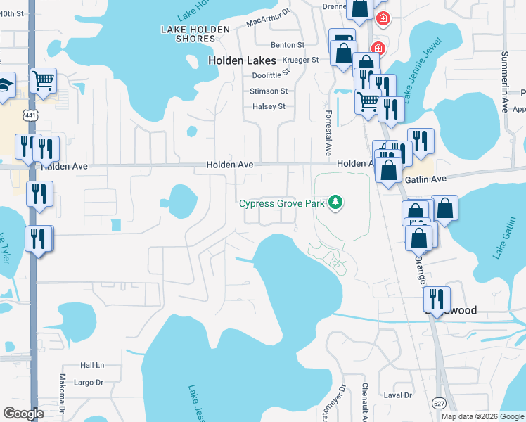 map of restaurants, bars, coffee shops, grocery stores, and more near 4695 Martinez Drive in Orlando
