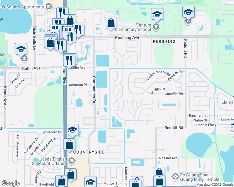 map of restaurants, bars, coffee shops, grocery stores, and more near 2868 Campfire Lane in Orlando
