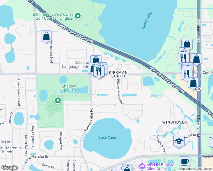 map of restaurants, bars, coffee shops, grocery stores, and more near 6623 Winder Oaks Boulevard in Orlando