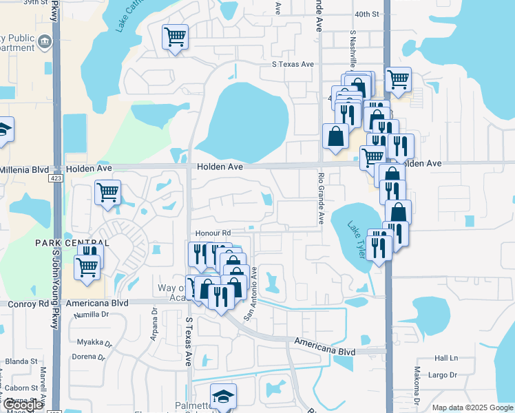 map of restaurants, bars, coffee shops, grocery stores, and more near 4767 South Texas Avenue in Orlando