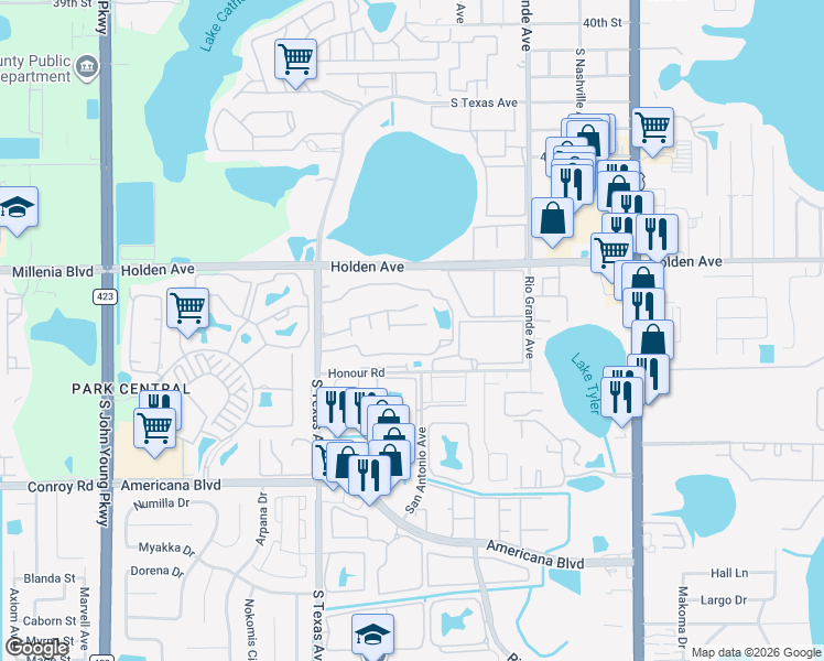 map of restaurants, bars, coffee shops, grocery stores, and more near 4777 South Texas Avenue in Orlando