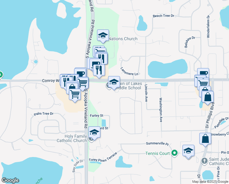 map of restaurants, bars, coffee shops, grocery stores, and more near 8700 Conroy Windermere Road in Orlando