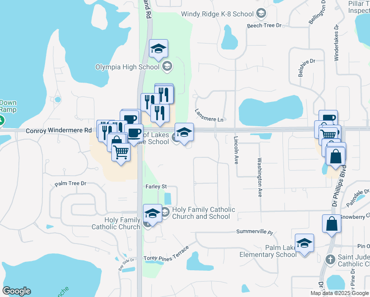 map of restaurants, bars, coffee shops, grocery stores, and more near 8700 Conroy Windermere Road in Orlando