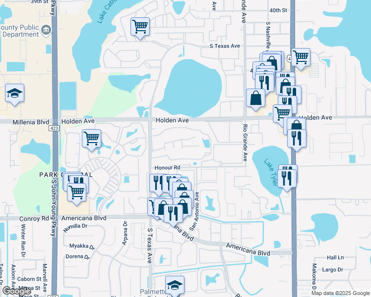 map of restaurants, bars, coffee shops, grocery stores, and more near 4785 South Texas Avenue in Orlando
