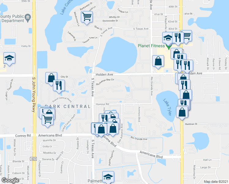 map of restaurants, bars, coffee shops, grocery stores, and more near 4785 South Texas Avenue in Orlando