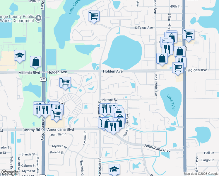 map of restaurants, bars, coffee shops, grocery stores, and more near 4713 South Texas Avenue in Orlando
