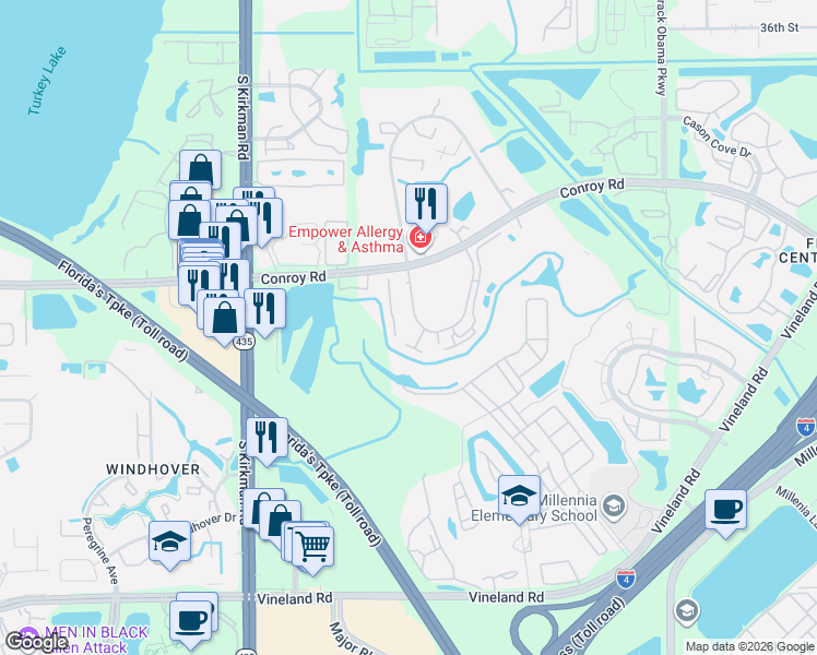 map of restaurants, bars, coffee shops, grocery stores, and more near 5313 Indian Creek Drive in Orlando