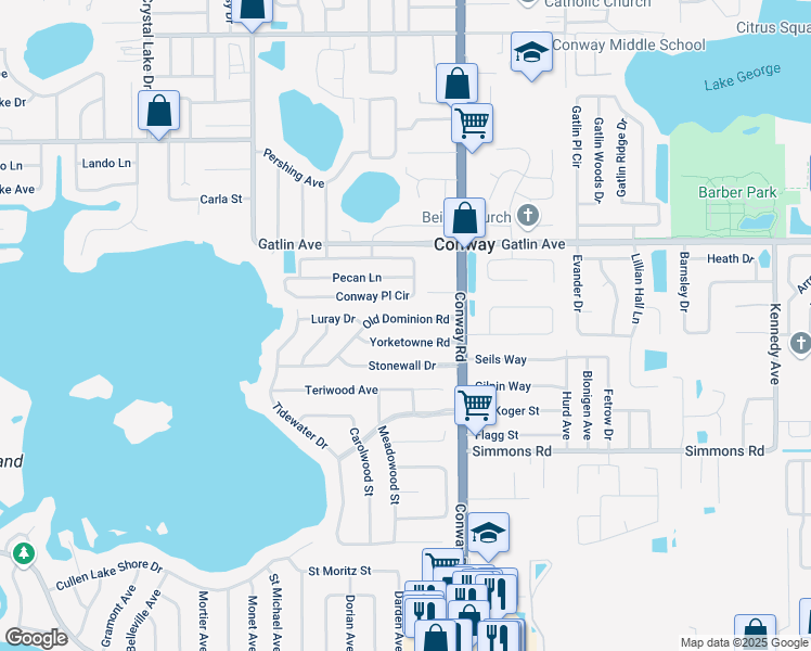 map of restaurants, bars, coffee shops, grocery stores, and more near 4222 Old Dominion Road in Orlando