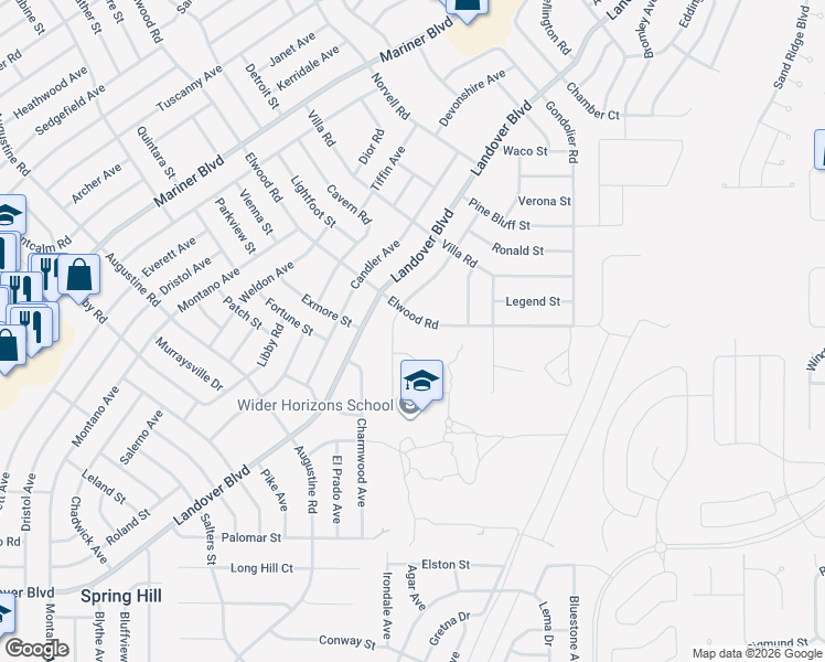 map of restaurants, bars, coffee shops, grocery stores, and more near 4379 Elwood Road in Spring Hill