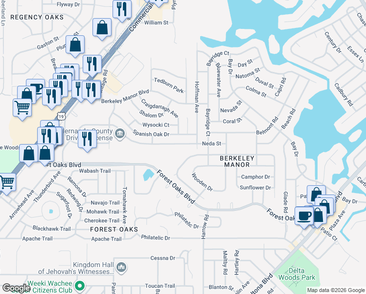 map of restaurants, bars, coffee shops, grocery stores, and more near 8209 Rhanbuoy Road in Spring Hill