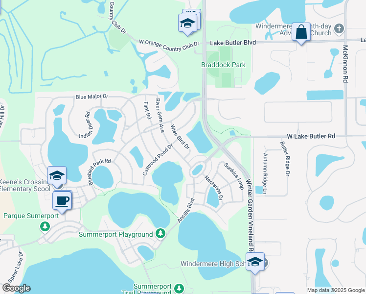 map of restaurants, bars, coffee shops, grocery stores, and more near 5032 Wise Bird Drive in Windermere