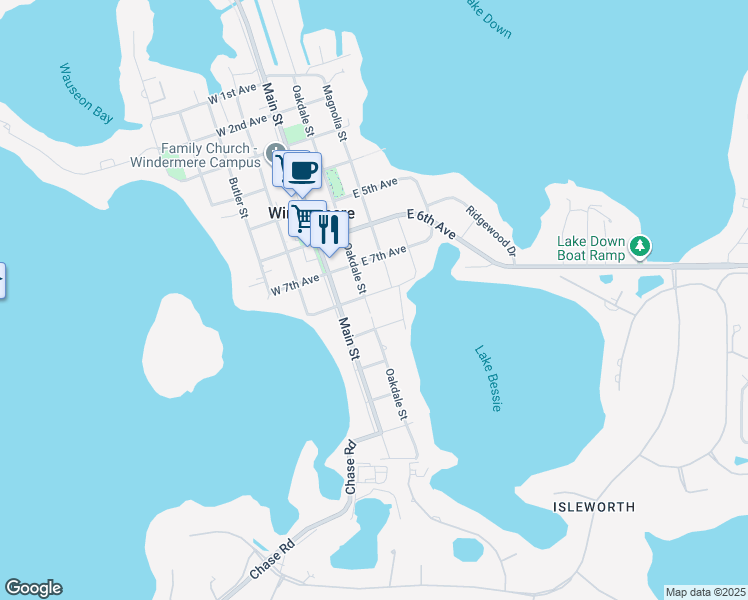 map of restaurants, bars, coffee shops, grocery stores, and more near 735 Oakdale Street in Windermere