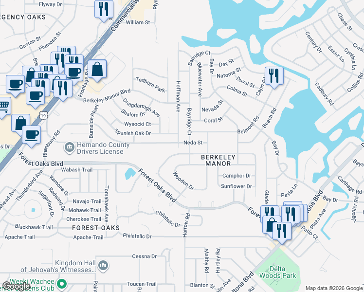 map of restaurants, bars, coffee shops, grocery stores, and more near 8240 Neda Street in Spring Hill