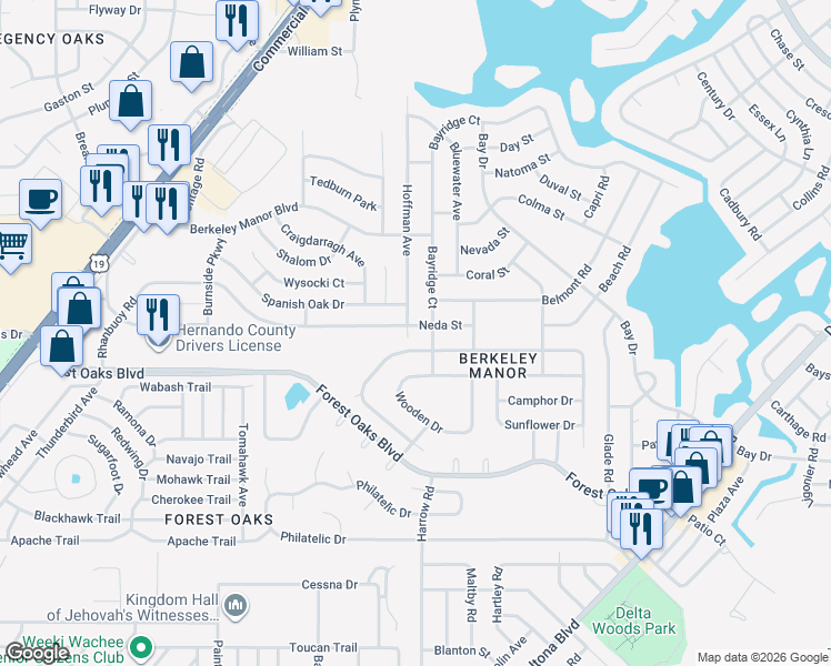 map of restaurants, bars, coffee shops, grocery stores, and more near 8240 Neda Street in Spring Hill