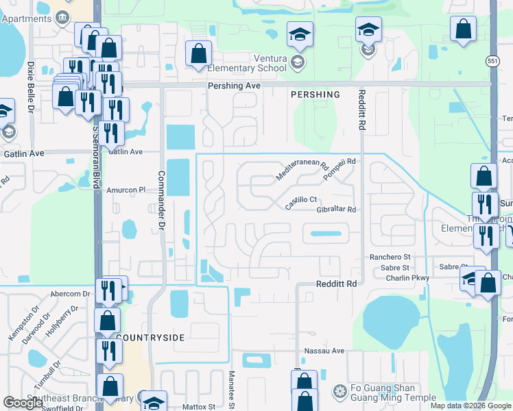 map of restaurants, bars, coffee shops, grocery stores, and more near 6740 Gibraltar Road in Orlando