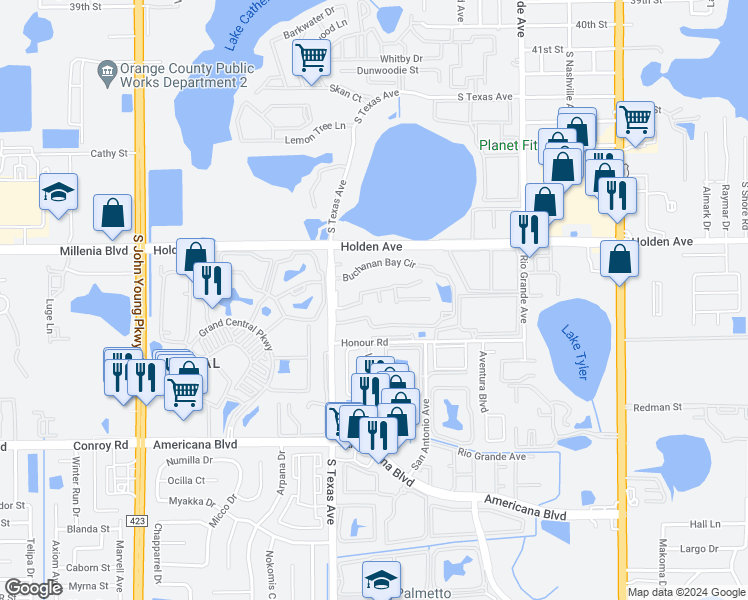 map of restaurants, bars, coffee shops, grocery stores, and more near 4713 South Texas Avenue in Orlando