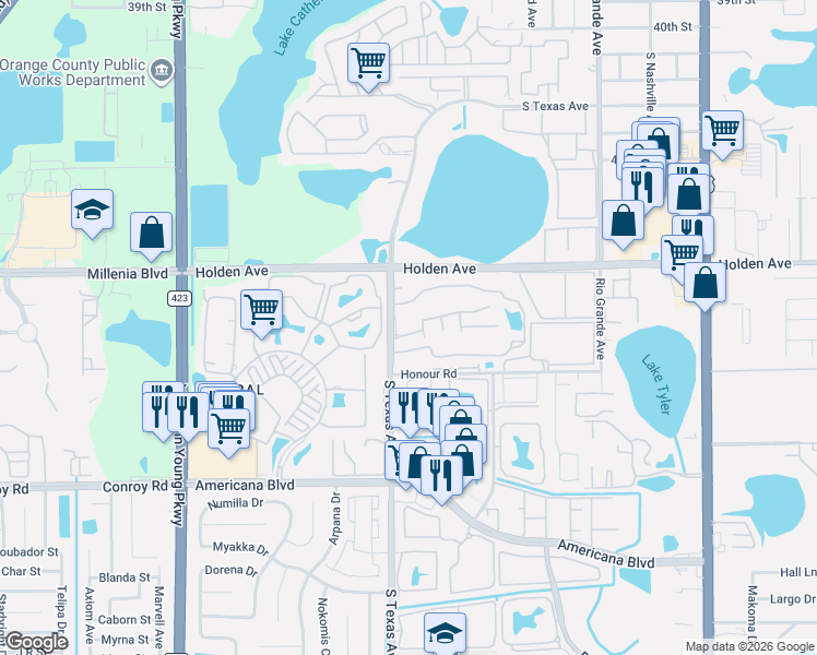 map of restaurants, bars, coffee shops, grocery stores, and more near 4713 South Texas Avenue in Orlando