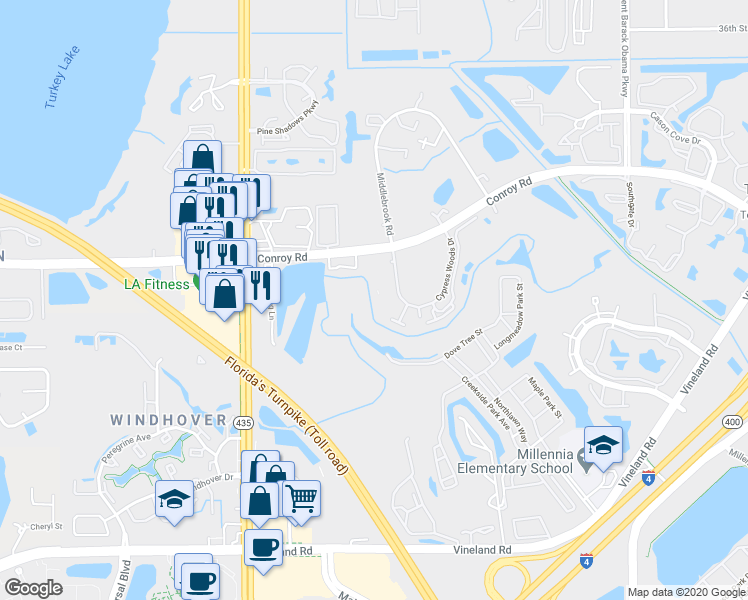 map of restaurants, bars, coffee shops, grocery stores, and more near 5313 Indian Creek Drive in Orlando